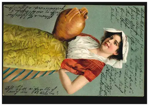 Künstler-Ansichtskarte: Frau in Tracht mit Weinkrug, BERLIN W 30c 14.9.1904