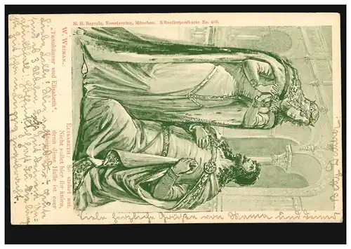 Carte d'artiste W. Weimar: Tannhäuser et Elisabeth, couru vers 1905