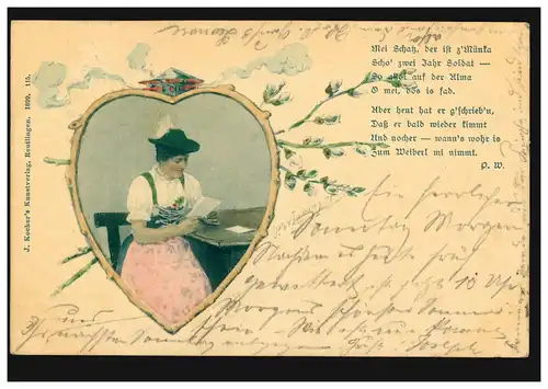 AK Artiste femme dans la costume La lettre de mariage, Kocher's Kunstverlag Reutlingen, 1899