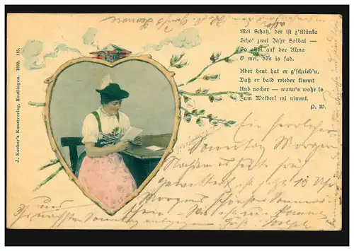 Künstler-AK Frau in Tracht Der Liebsbrief, Kocher's Kunstverlag Reutlingen, 1899