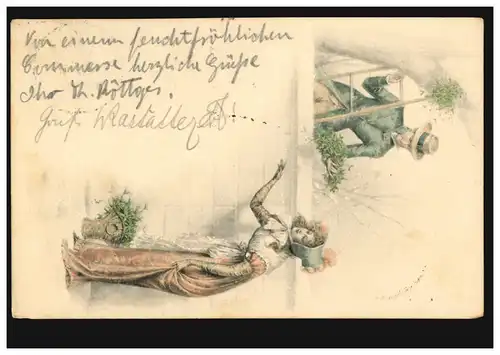 Künstler-AK: Liebespaar - Der Mann auf der Leiter, Varlag M.M. VIENNE, 27.1.1912