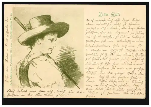 Künstler-AK Frauenportrait - Bäuerin mit Hut, Verlag Ackermann, München, 24.2.98