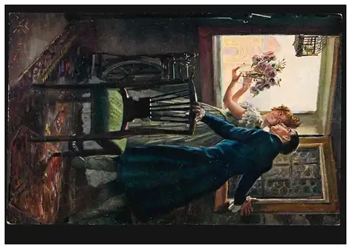 Künstler-Ansichtskarte Jan Skramlik: Liebespaar am Fenster, ungebraucht