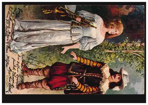 Künstler-Ansichtskarte Oskar Herrfurth: Frau mit Trompete, KELHEIM 11.5.1903