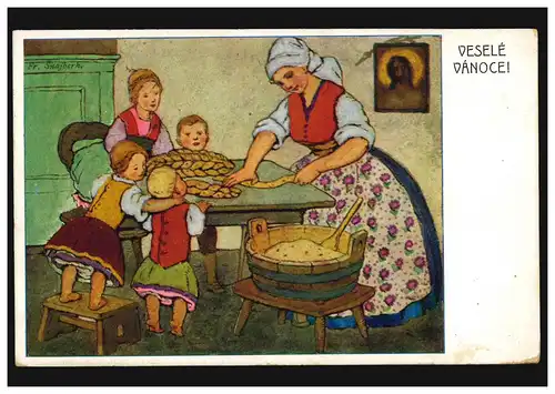 Enfants-AK Enfants avec mère - Dans la boulangerie de Noël Couettes, couru