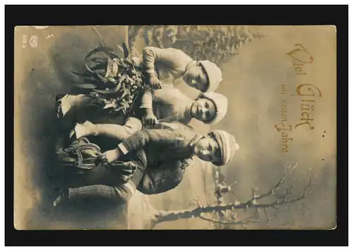 Photo AK Nouvel An Enfants avec sac à main et fers à cheval, EAS (dans le cœur), 7.9.26