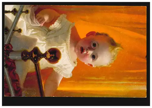 Kinder-AK Baby im Kinderbett mit Spiegelung der Mutter in Eckkugel, ungebraucht