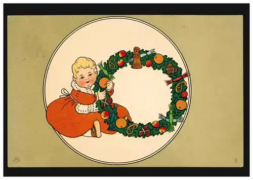 Kinder-AK Sitzendes Mädchen mit großem Weihnachtskranz, WORMS 1909 