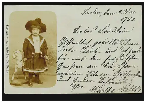 Foto-AK Kinder Mädchen im Matrosenkostüm mit Pferd, BERLIN 29c 5.5.1900