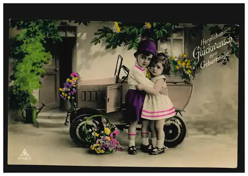 Enfants AK anniversaire fille et garçon avec voiture, WURTT. BAHNPOST 15.7.30 Z-28