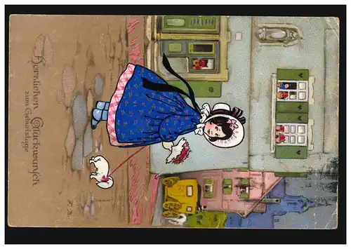 Enfants AK Anniversaire Fritz Baumgarten: Filles avec des fleurs et un chien, 13.11.1920