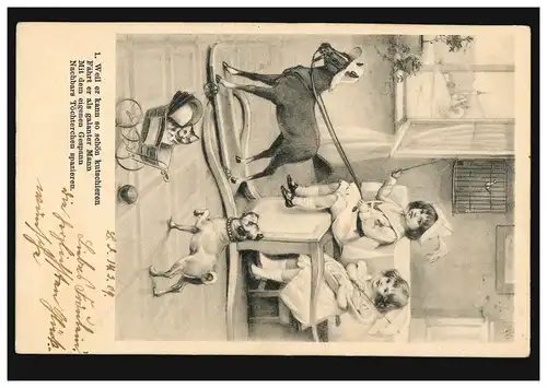 Carte de l'artiste: Filles jouer diligence avec chien chat, 1904