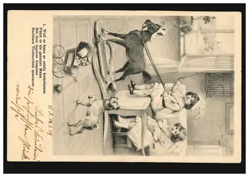 Künstler-Ansichtskarte: Mädchen spielen Pferdekutsche mit Hund Katze, 1904