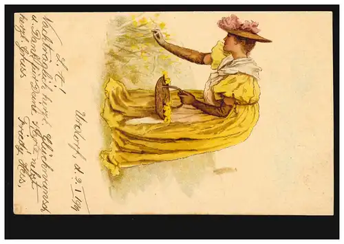 Suisse AK femme en robe jaune avec panier pour les fleurs, URORF 3.1.1901