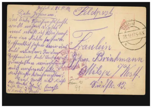 AK questions de cœur comme un post sur le terrain 23.12.1917 à Milspe/Westfalen