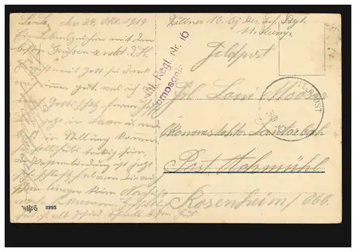 Feldpost BS Res.-Inf.-Regiment 16 / 11. Kompanie 30.10.1917 auf AK Grüsse Rosen