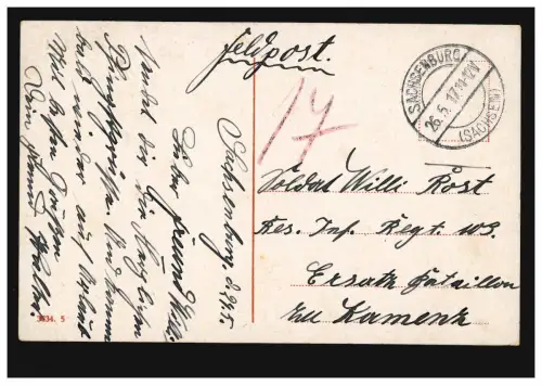 Poste de terrain à la direction de l'inf. 103 Batil. de remplacement à Kamentz sur AK, SACHSENBURG 1917