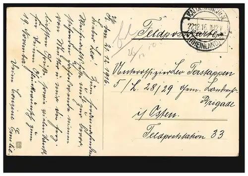 Feldpost an Landsturm-Brigade Feldpostation 33, KALDENKIRCHEN 22.12.1916 auf Ak