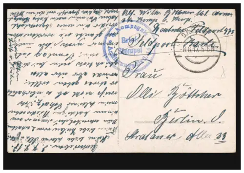 Post de champ 473 BS Bataillon d'armure n° 161, 8.8.1917 sur AK Portrait de femme