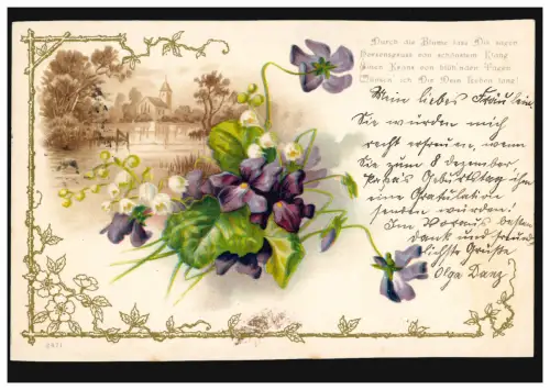 AK Landschaft Kirche Veilchen, Gedicht: Durch die Blume lass Dir sagen ... 1900