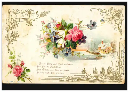 AK Winterlandschaft mit Blumen und Gedicht Durch Berg und Tal erklingen ...,1905