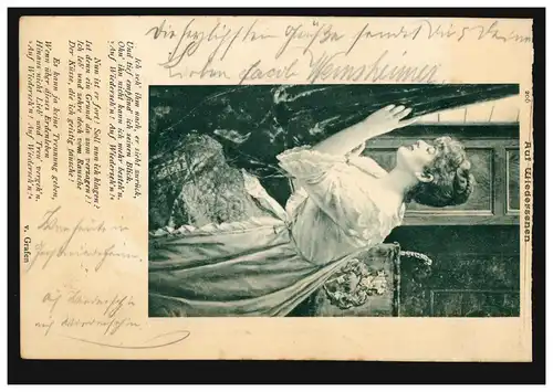 AK Femme à la fenêtre, poème du comte: Je vais le voir, il regarde en arrière, 1901