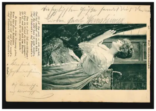AK Frau am Fenster, Gedicht von Grafen: Ich seh' ihm nach, er sieht zurück, 1901