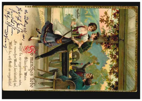 Goldrand-AK Dans l'auberge, poème: Beaucoup de verres de vin..., 26.6.1903