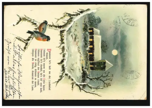 AK Winteridylle avec des oiseaux, poème Dehors, il fait froid, où le vent du nord souffle...