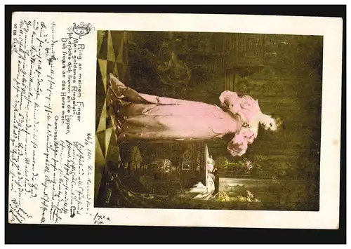 AK Femme regarde son anneau avec le poème d'Adelbert de Chamisso, AACHEN 1901