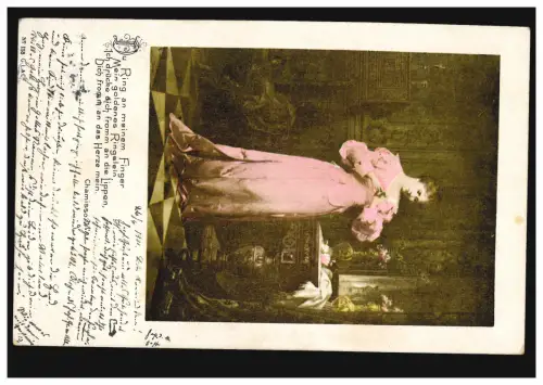 AK Femme regarde son anneau avec le poème d'Adelbert de Chamisso, AACHEN 1901