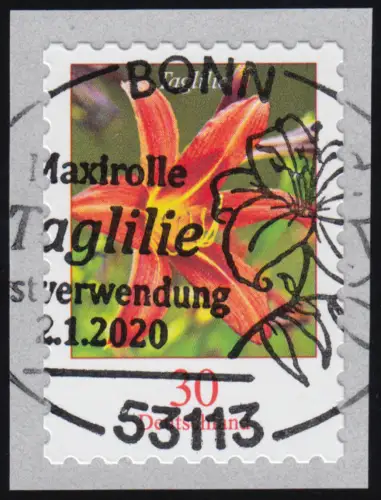 3516 Taglilie 30 Cent sk aus 500er mit UNGERADER Nummer, EV-O Bonn 2.1.2020