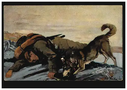 AK Der Sanitätshund beim Auffinden eines Verwundeten, Feldpost 16.4.1916