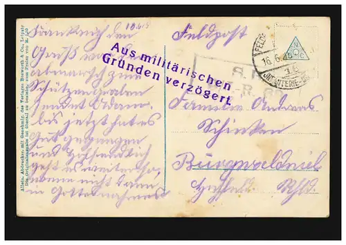 AK Stolzenfels am Rhein Der Abschied, Feldpost verzögert BS 9. I.R. 68 - 16.6.15