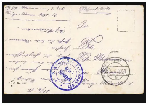 Humour-AK Grand linge! Poste de terrain 23.6.1917 avec BS 5. Compagnie Res.-Inf. Regt. 217
