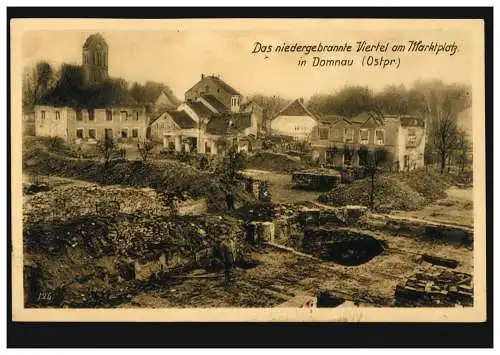 Foto-AK Das niedergrbrannte Viertel am Marktplatz in Domnau/Ostpr., DÜLKEN 1915 