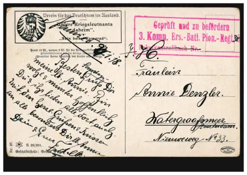 AK demande de mariage avec bague, post-post BS avec censure: régiment pionnier, 27.1.1918