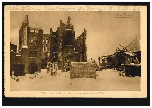 Photo AK Le magasin détruit par les Russes à Mitau, Feldpost 25.11.1916