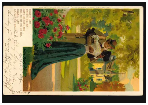 Artiste-AK Volkslieder Arthur Paetzold: Couple d'amour Le baiser, avec poème, 1908
