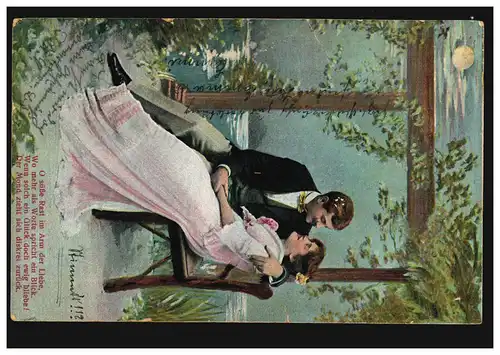 AK couple d'amour sur le banc, poème: O douce repos dans le bras de l'Amour ..., 1.7.1904