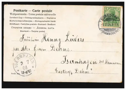 AK couple d'amour sur le banc, poème: O douce repos dans le bras de l'Amour ..., 1.7.1904