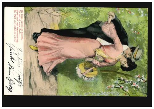 AK couple d'amour dans la forêt, poème: L'Amour vient dans l'orage, ... HAMBURG 17.8.194
