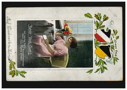 AK En fidélité Acclamez-vous Dieu: Femme aux fleurs à la fenêtre, Post 30.4.1916
