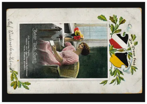 AK En fidélité Acclamez-vous Dieu: Femme aux fleurs à la fenêtre, Post 30.4.1916