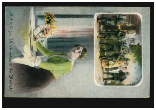 AK Auf baldiges Wiedersehen in der Heimat! 2 Bilder, Feldpost 26.2.1917 mit BS