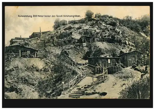 AK Position de repos 200 mètres derrière les tranchées ennemies, Feldpost 1915