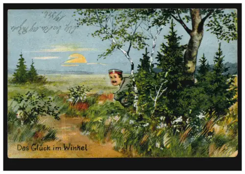 humour-AK Sur le lauer: Le bonheur dans l'angle, Feldpost 27.1.1918 à Hanovre