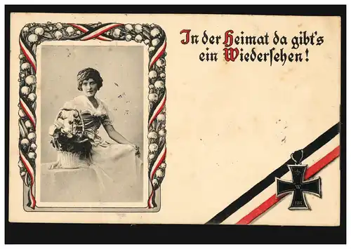 AK Femme avec fleurs: Dans la maison il y a un au revoir! Croix de fer, 1915
