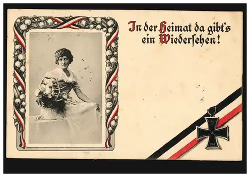 AK Frau mit Blumen: In der Heimat gibt es ein Wiedersehen! Eisernes Kreuz, 1915 