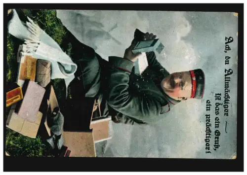 Humor-AK Ach, du Allmächtiger - Ist das ein Gruss, ein prächtiger! Feldpost 1916